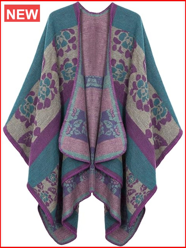 Color Block Shawl Wrap Open Front Poncho Cape Sleeveless Knit Pashmina